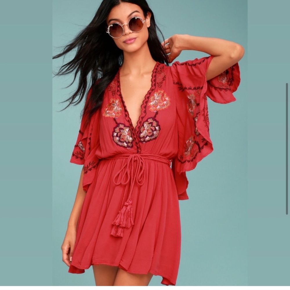 NWT Free People Cora Embroidered Mini Dress/Tunic in Red Medium